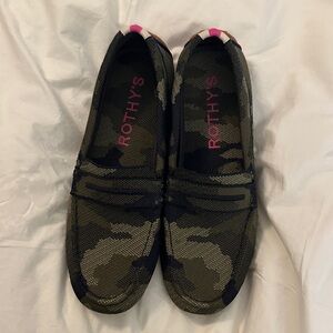 Rothy's Green and Black Camouflage Loafers with pink accent - size 9 never worn